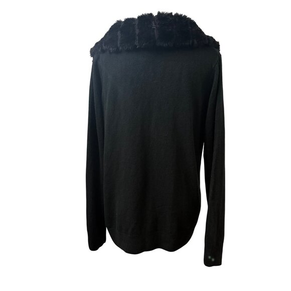 Laura Scott Black Open Front Cardigan Sweater Faux Fur Collar Womens Size L - Picture 3 of 12